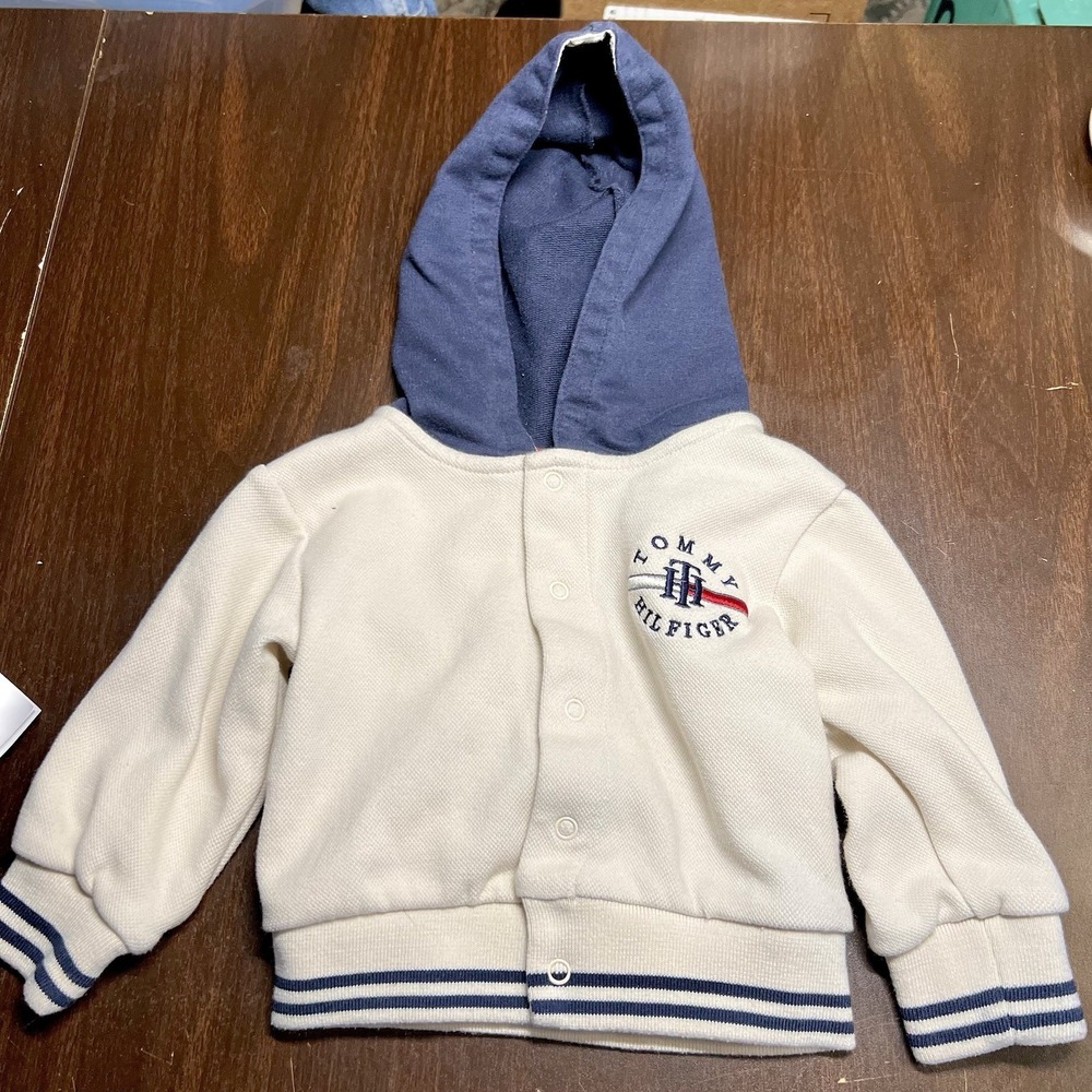 Tommy Hilfiger Baby Boys Size 12M Hooded Sweatshirt Jacket Ivory & Navy VGC